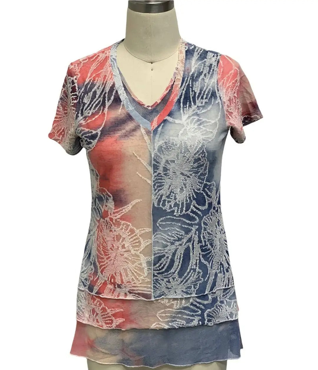 Women's Tie-Dye Floral Print V-Neck Short Sleeve Tunic Top