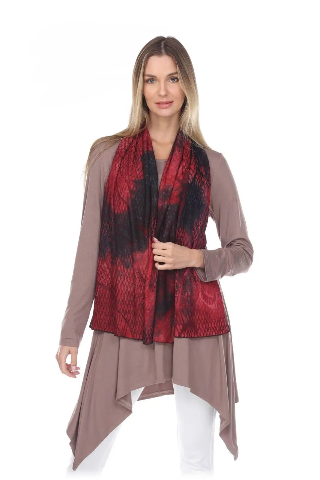 Women's Taupe Cardigan with Red and Black Lace Scarf