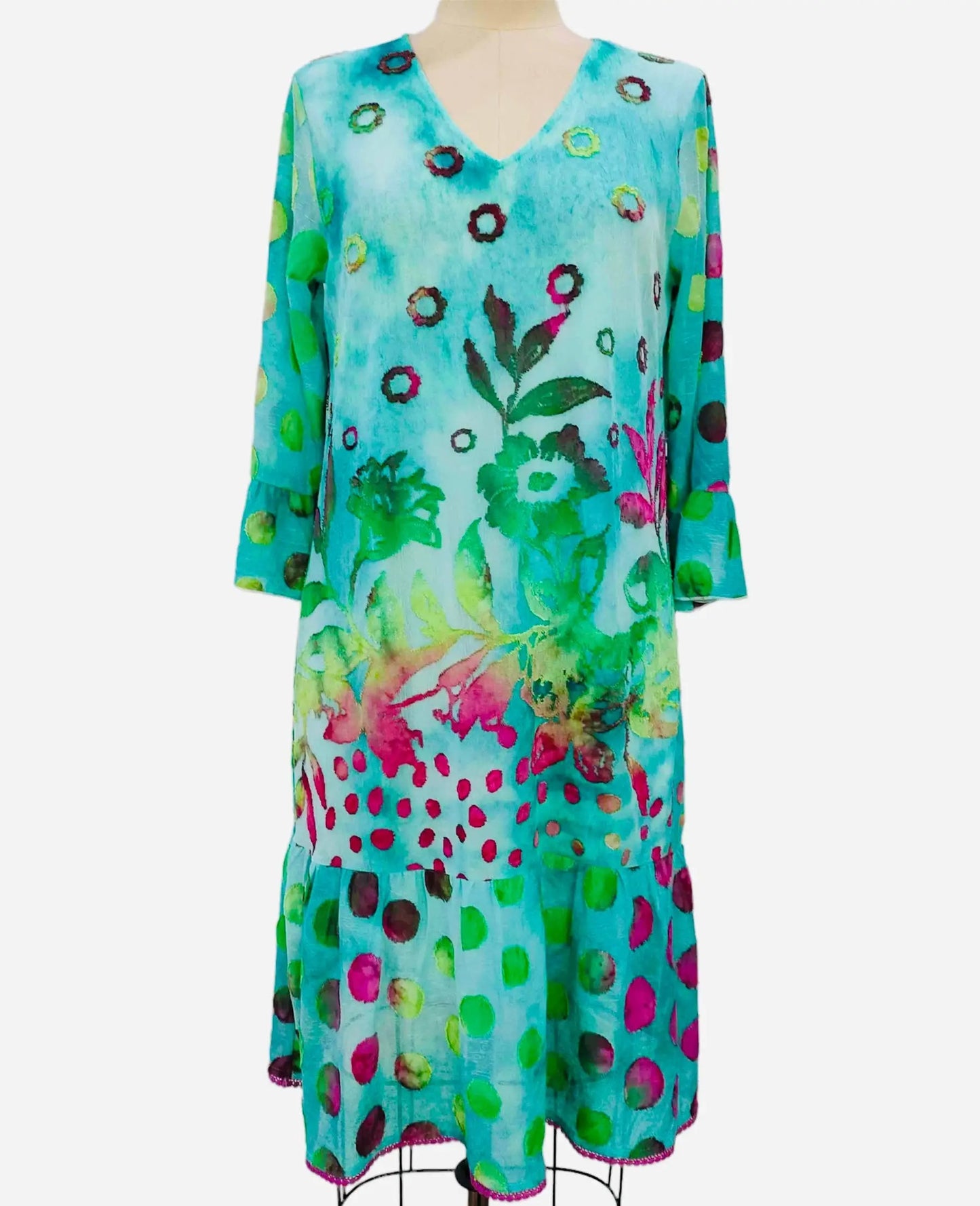 Women's Floral Print Tiered Dress with Three-Quarter Sleeves