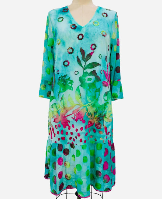 Women's Floral Print Tiered Dress with Three-Quarter Sleeves