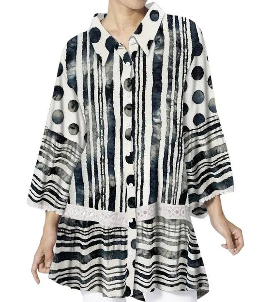 Women's Mixed Pattern Button-Front Tunic Blouse