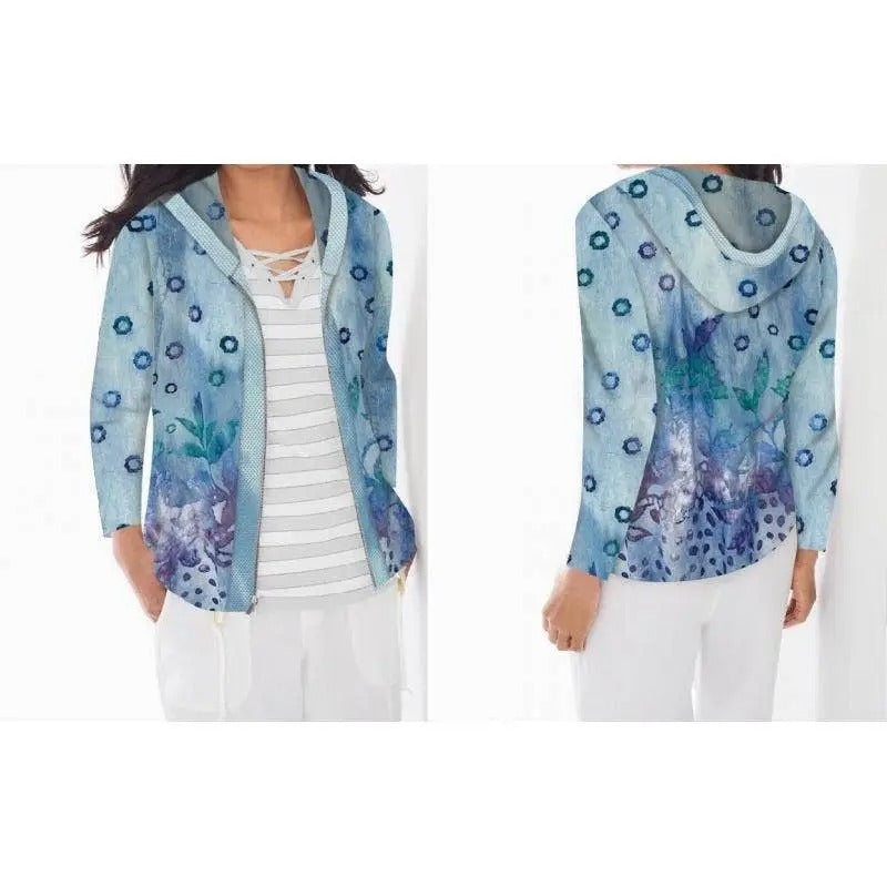 Women's Floral Print Open Front Cardigan with Blue Peacock Pattern