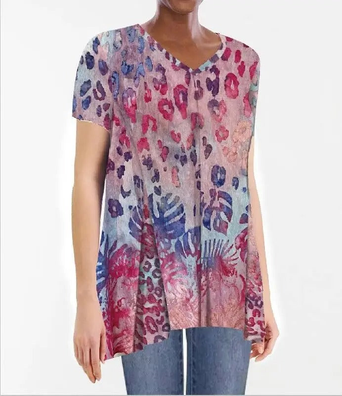 Women's Colorful Leopard Print V-Neck Tunic Top