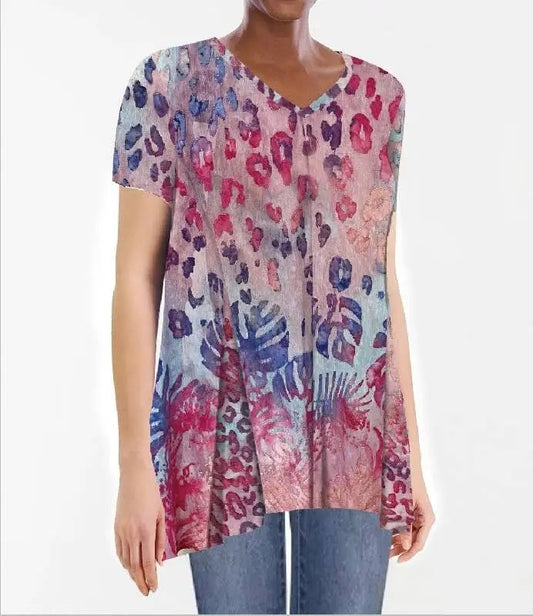 Women's Colorful Leopard Print V-Neck Tunic Top