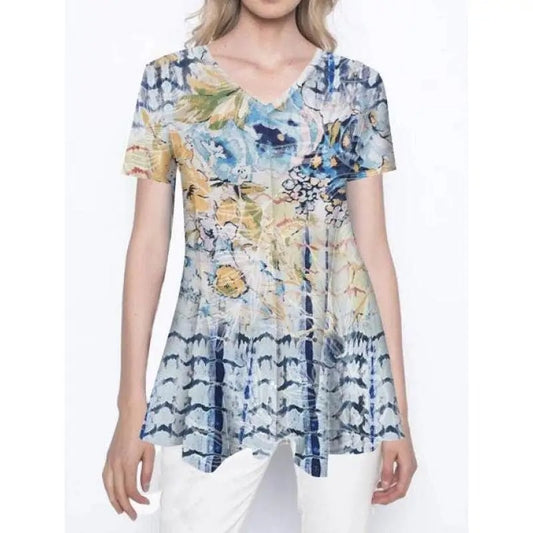 Women's Floral Print Short Sleeve Tunic with Blue Tie-Dye Pattern