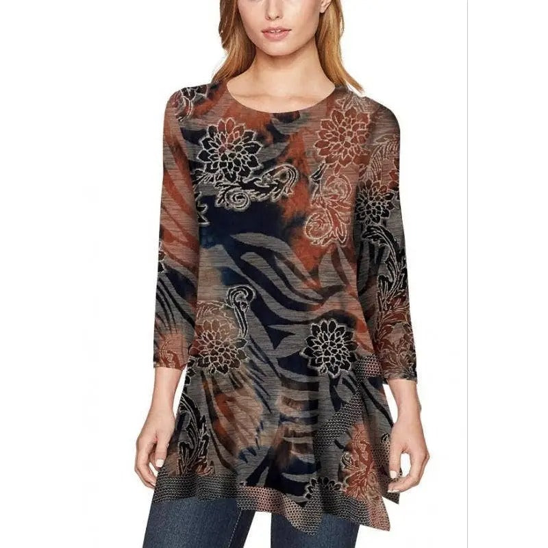 Women's Floral Print Tunic Top with Three-Quarter Sleeves
