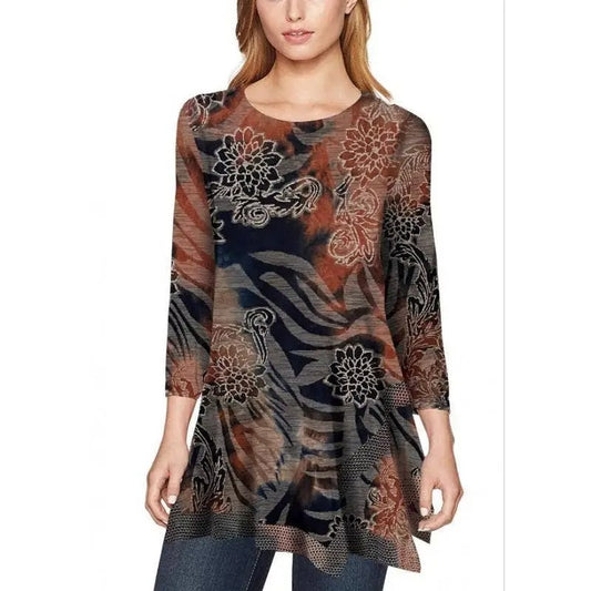 Women's Floral Print Tunic Top with Three-Quarter Sleeves
