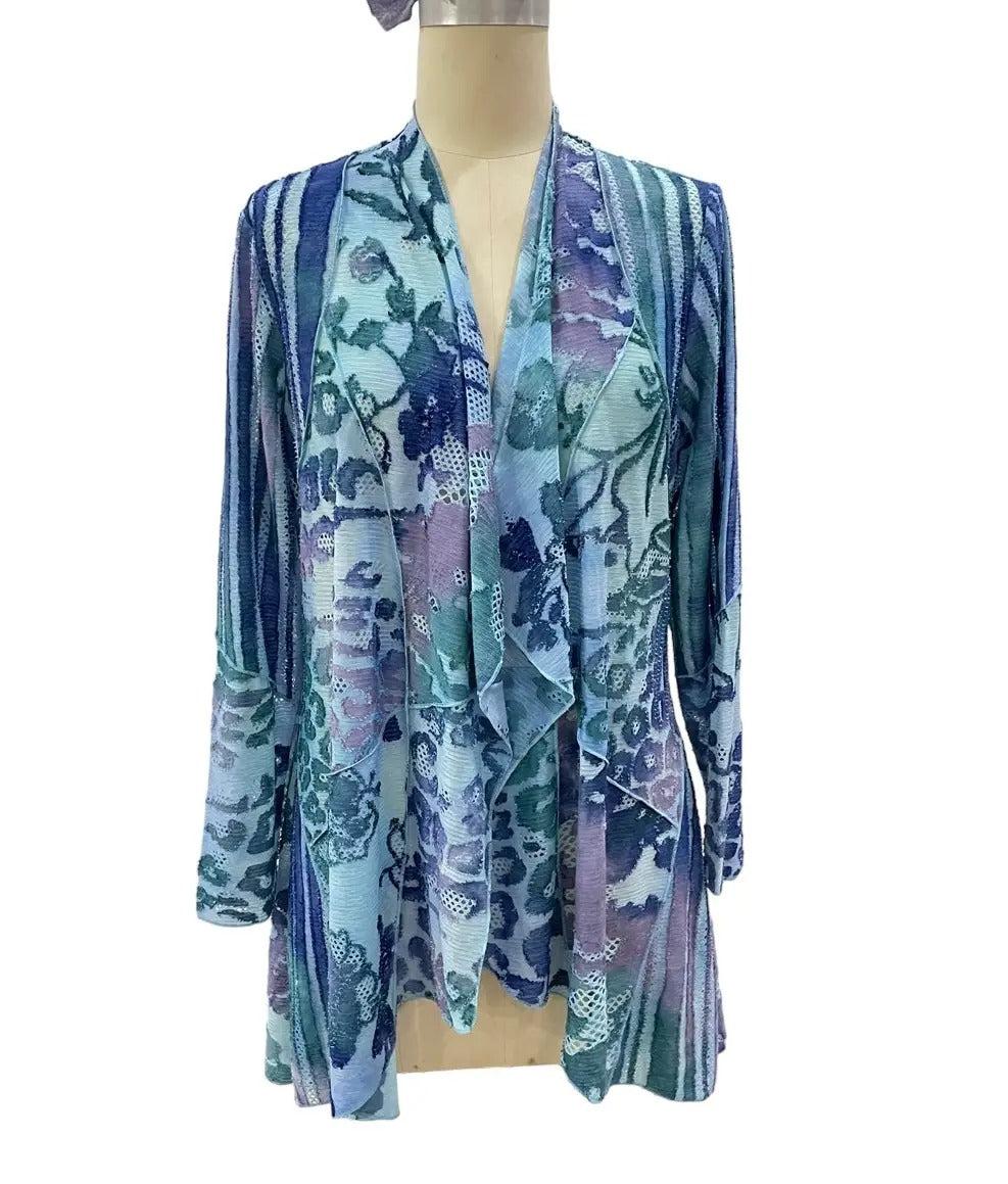 Women's Floral Print Lightweight Cardigan with Mixed Knit Pattern