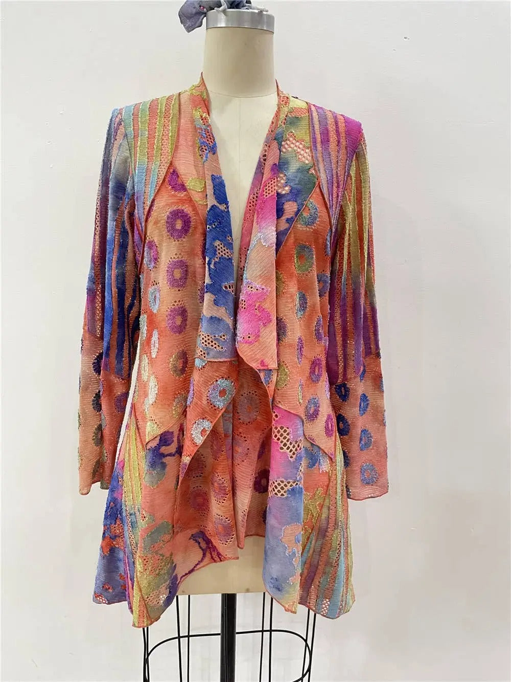 Women's Colorful Patchwork Cardigan with Floral Pattern