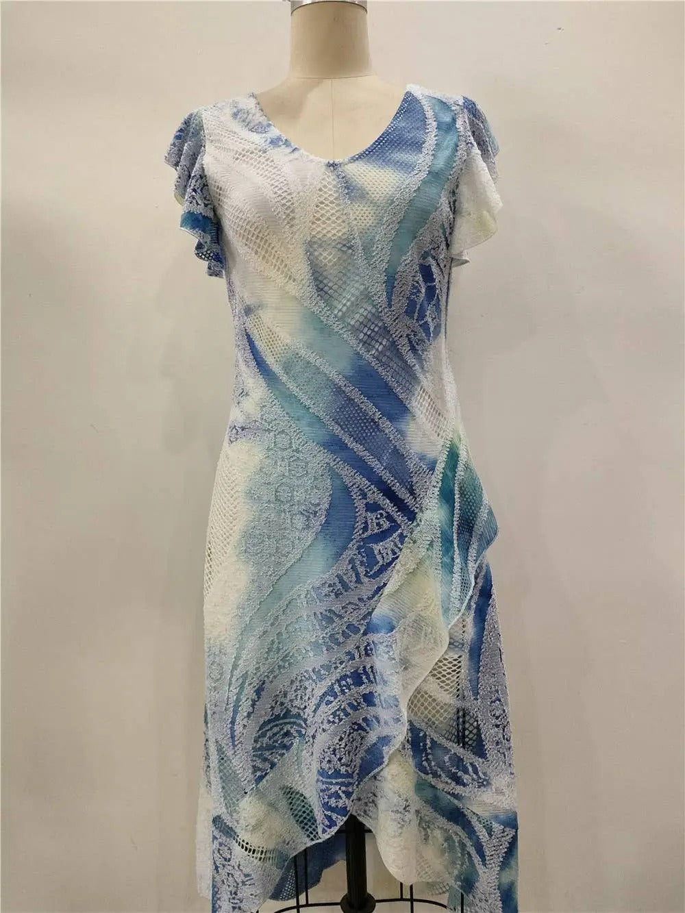 Women's Blue and White Lace Asymmetrical Midi Dress
