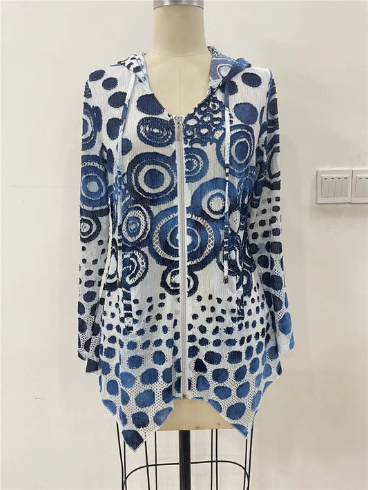 Women's Blue and White Patterned Open Jacket