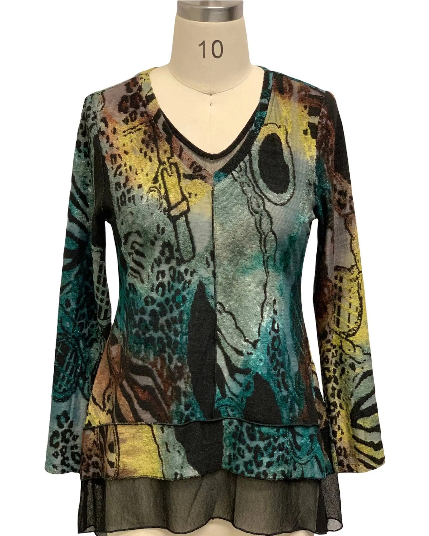 Women's Abstract Animal Print Tunic Top with Layered Hem