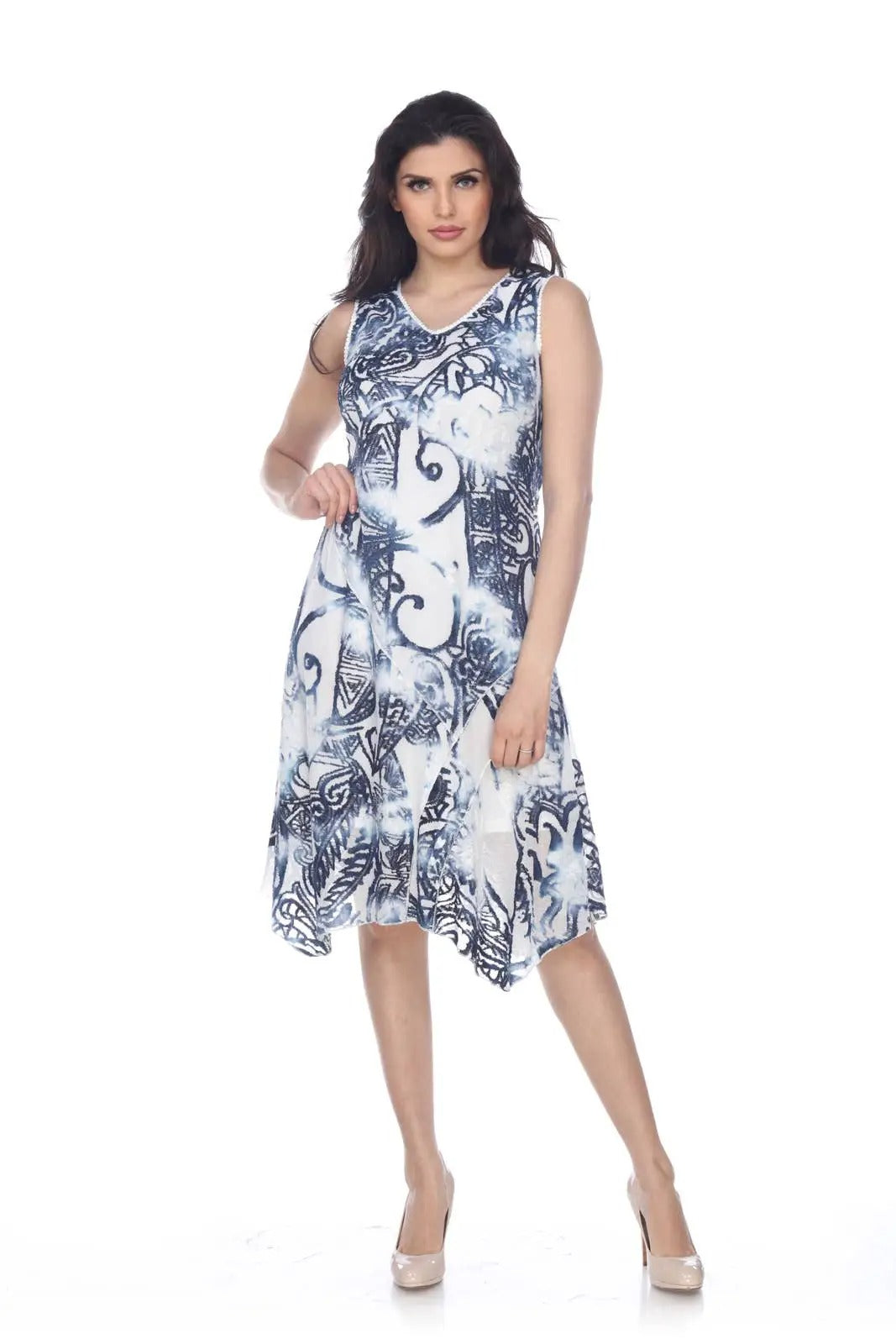 Women's Navy and White Paisley Print A-Line Dress