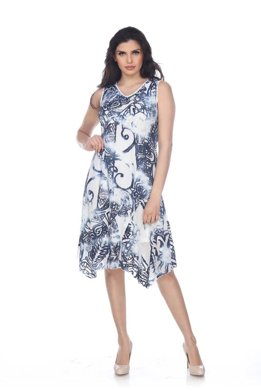 Women's Navy and White Paisley Print A-Line Dress