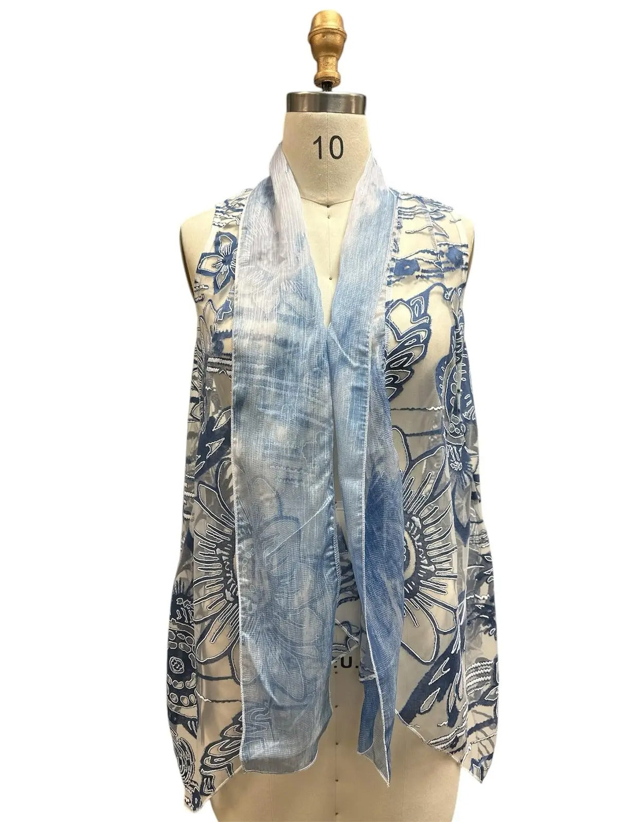 Women's Blue and White Patterned Open-Front Vest