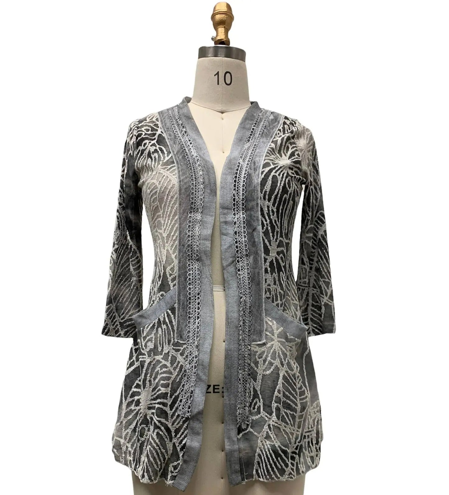Women's Patterned Open Front Cardigan with Lace Trim