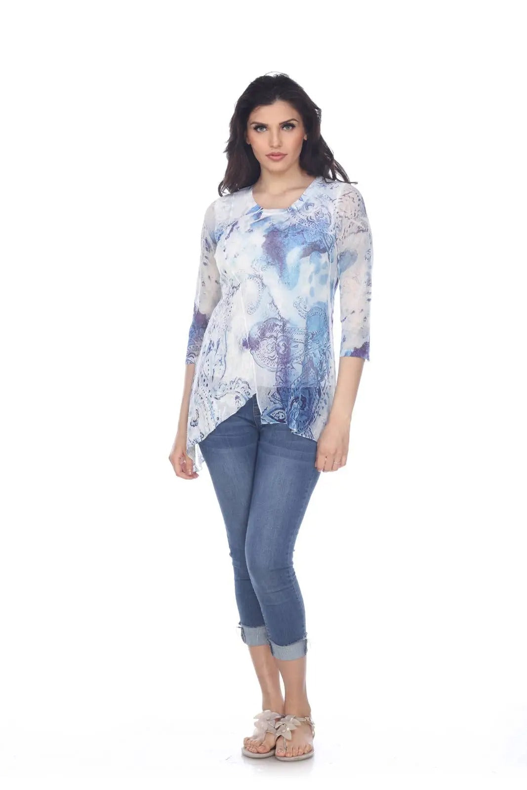 Women's Abstract Blue and White Paisley Print Tunic Top