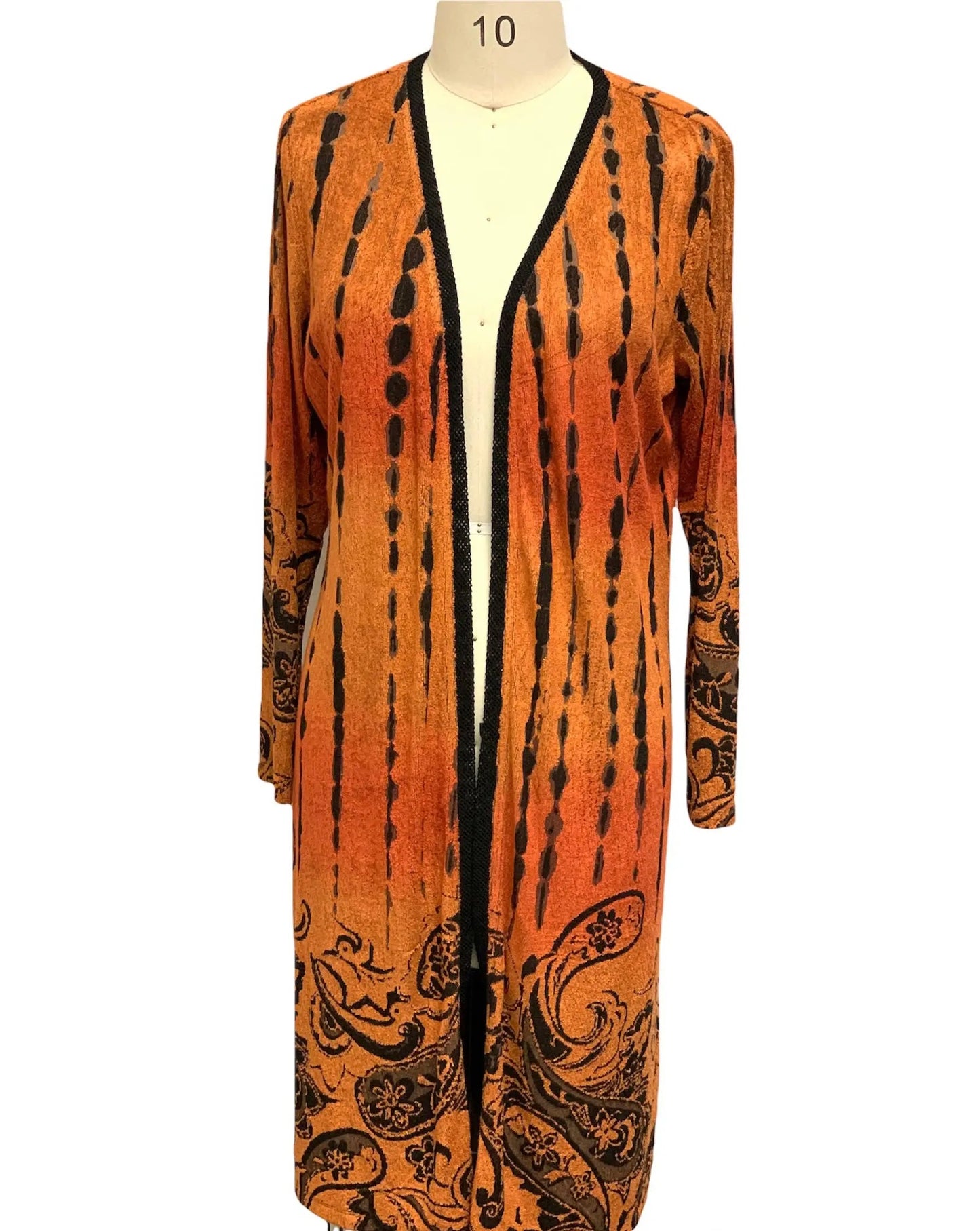 Women's Orange Paisley Print Long Cardigan with Black Trim