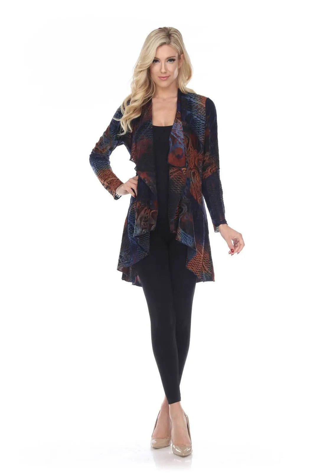 Women's Patterned Open Front Cardigan with Ornate Design