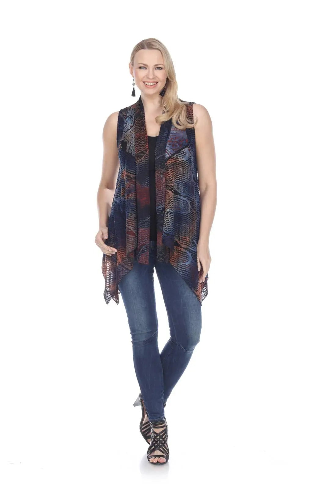 Women's Patterned Open Front Vest with Asymmetrical Hem