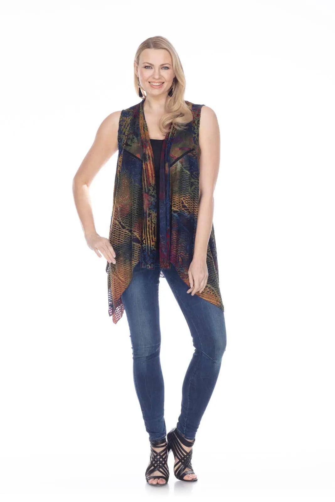 Women's Patchwork Open Front Vest with Multicolor Abstract Pattern