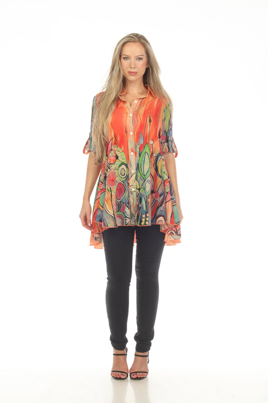 Women's Coral Floral Button-Front Tunic Blouse