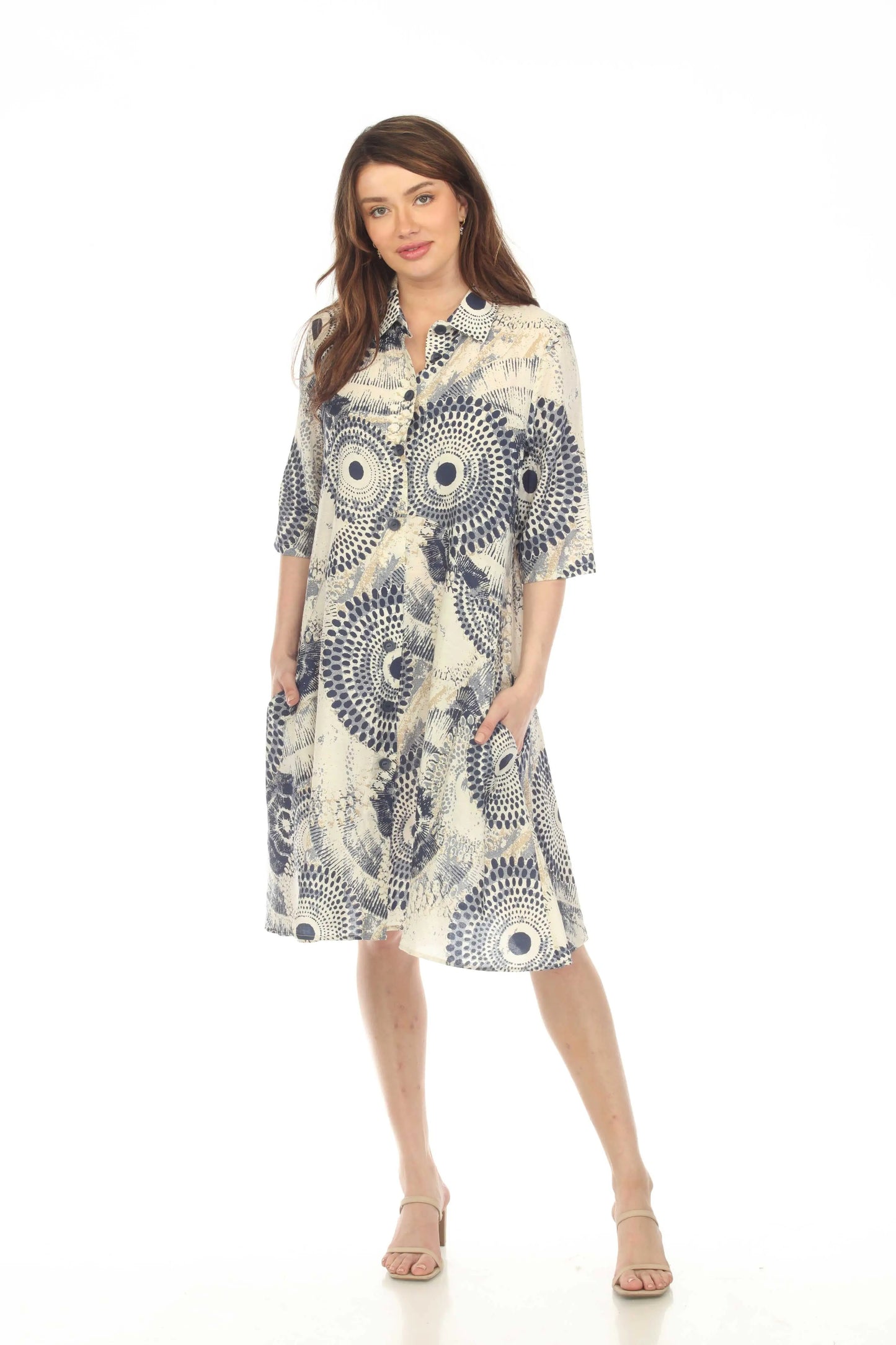 Women's Geometric Print Shirt Dress with Three-Quarter Sleeves