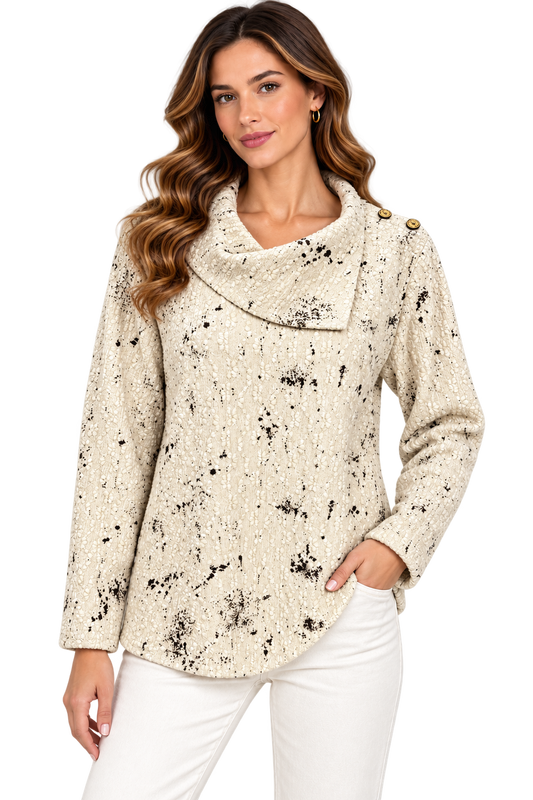 Women's Cowl Neck off white abstract Snow Top