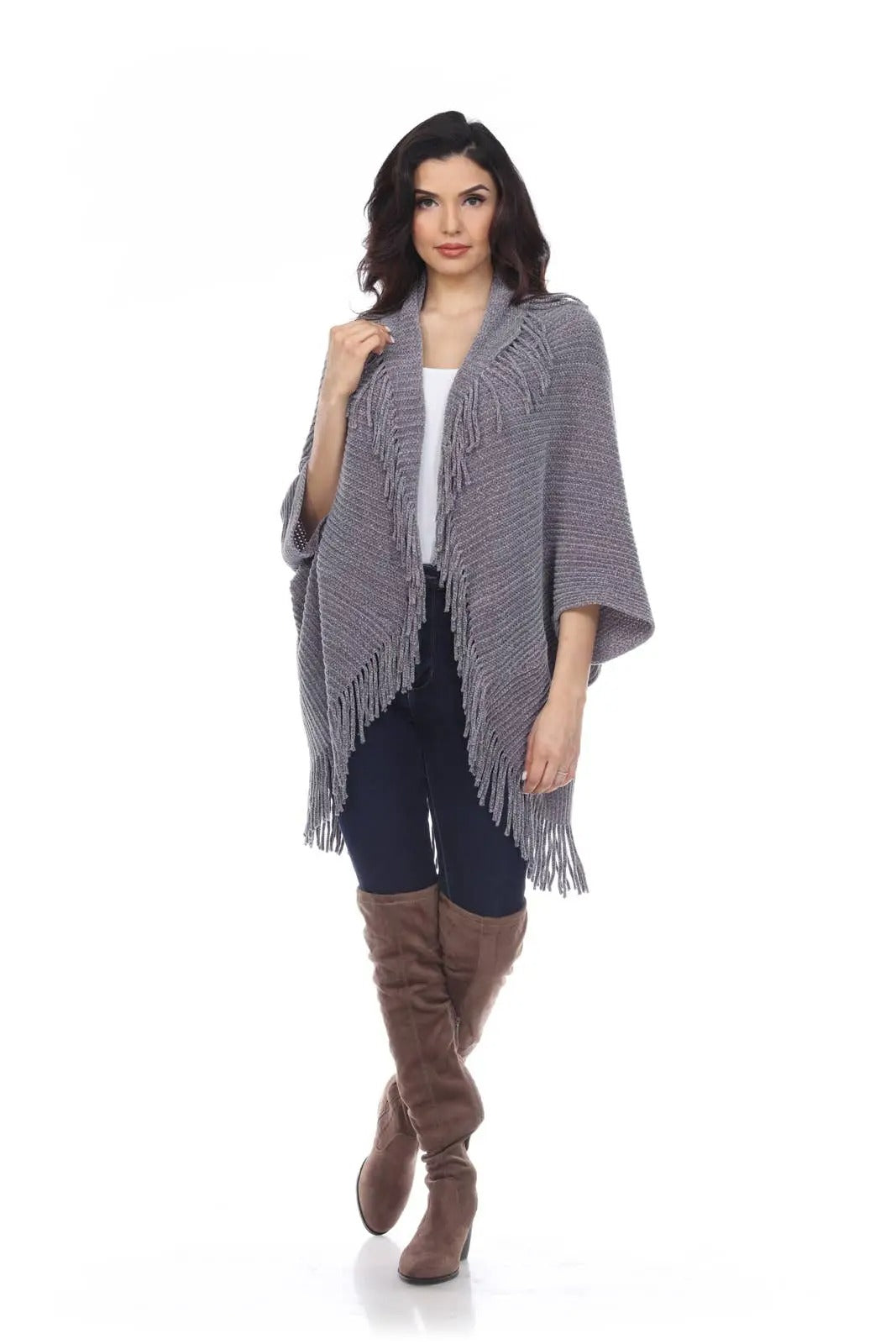 Women's Gray Fringed Open Front Cardigan Poncho