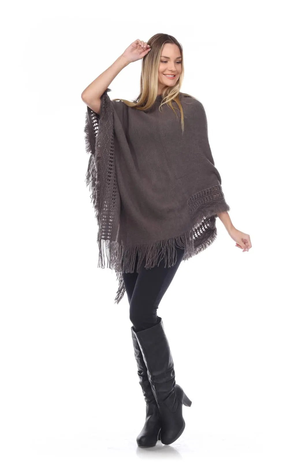 Women's Charcoal Gray Fringed Poncho with Openwork Details