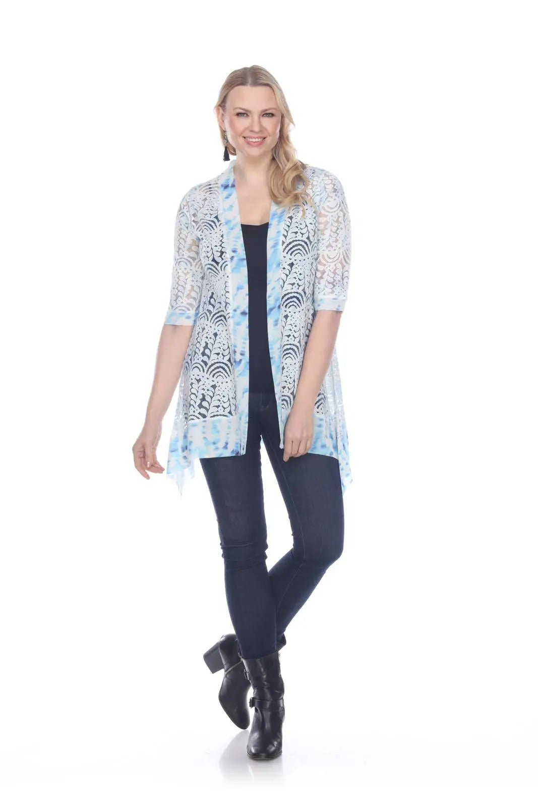 Women's Lace Open-Front Cardigan with Blue Tie-Dye Trim