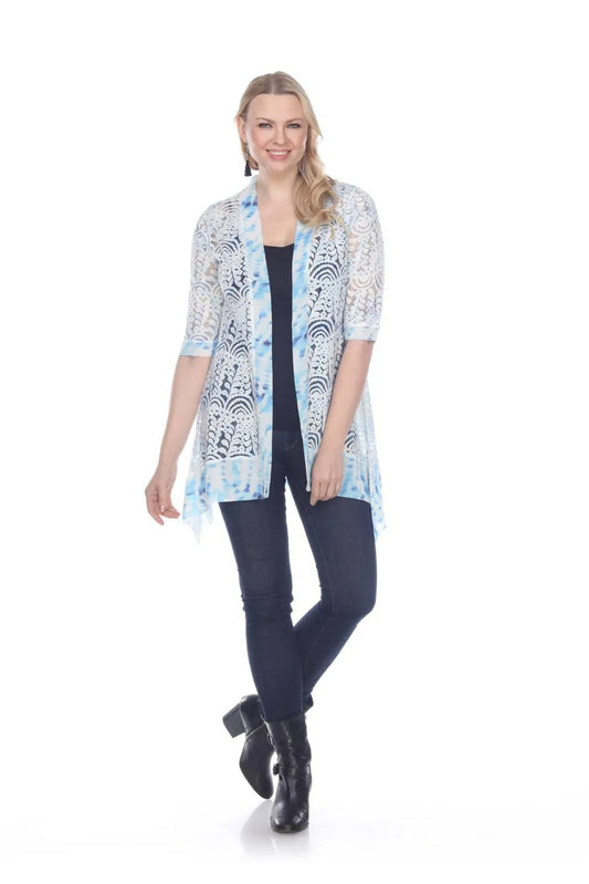 Women's Lace Open-Front Cardigan with Blue Tie-Dye Trim