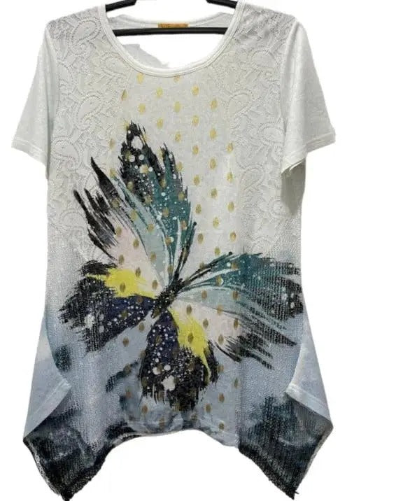 Women's Butterfly Graphic T-Shirt with Lace Yoke and Sequin Details