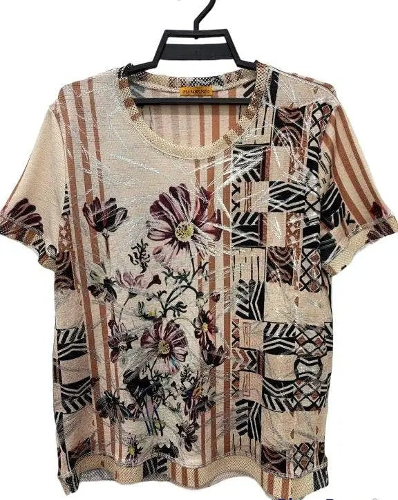 Women's Mixed Print Knit Top with Floral and Geometric Pattern