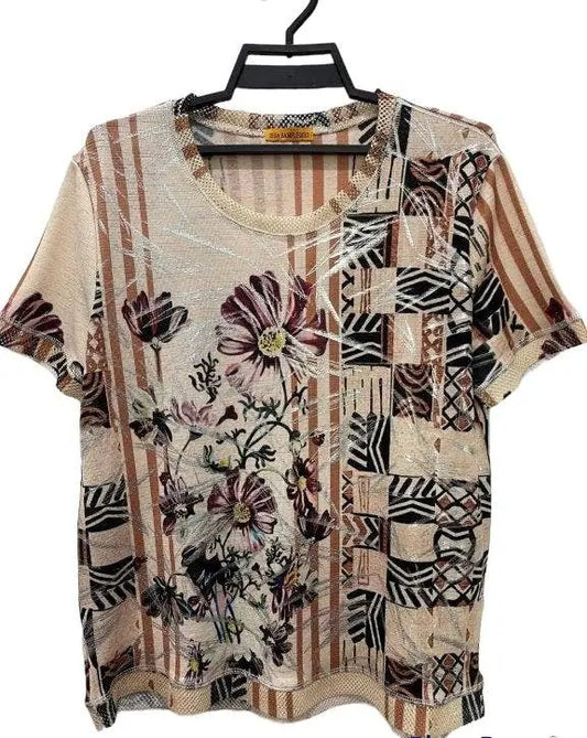 Women's Mixed Print Knit Top with Floral and Geometric Pattern