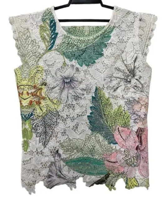 Women's Floral Lace Sleeveless Blouse with Scalloped Hem