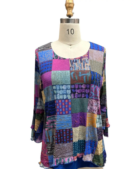 Women's Colorful Patchwork Tunic Top with Three-Quarter Sleeves
