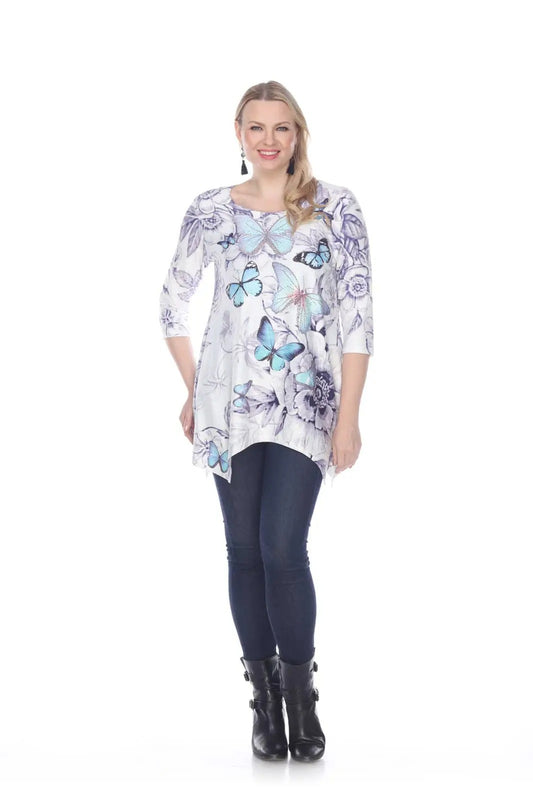 Women's Butterfly and Floral Print Tunic Top with Three-Quarter Sleeves