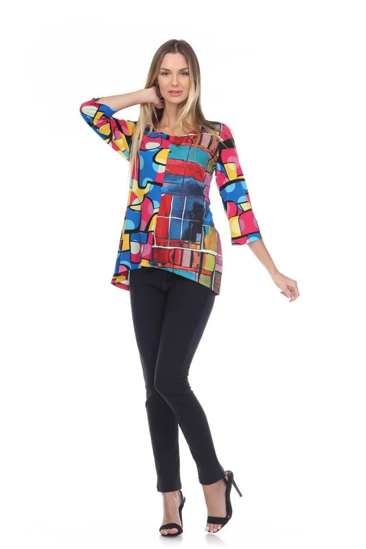 Women's Colorful Abstract Print Three-Quarter Sleeve Tunic Top