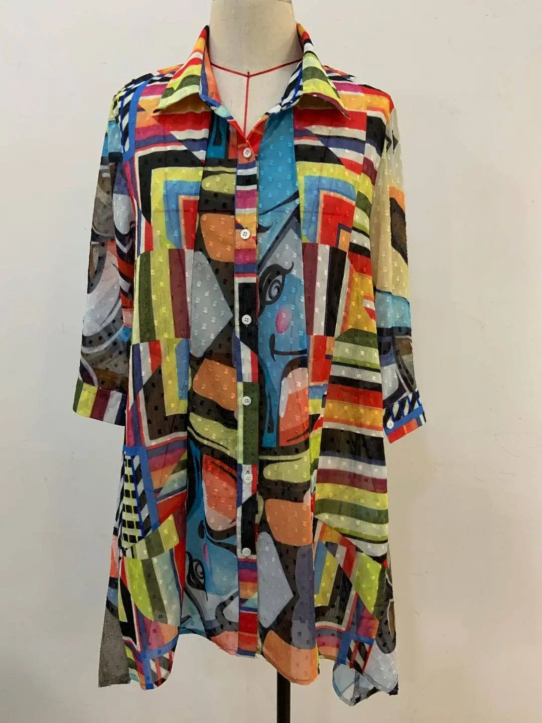 Women's Colorful Patchwork Button-Front Shirt Dress