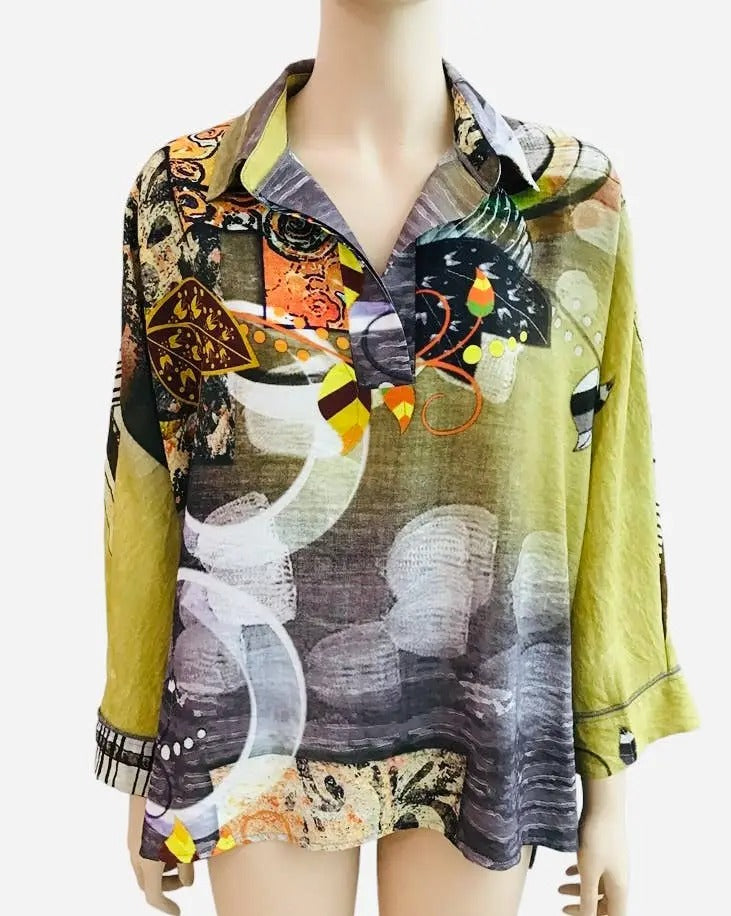 Women's Mixed Print Collared Blouse with Abstract Pattern