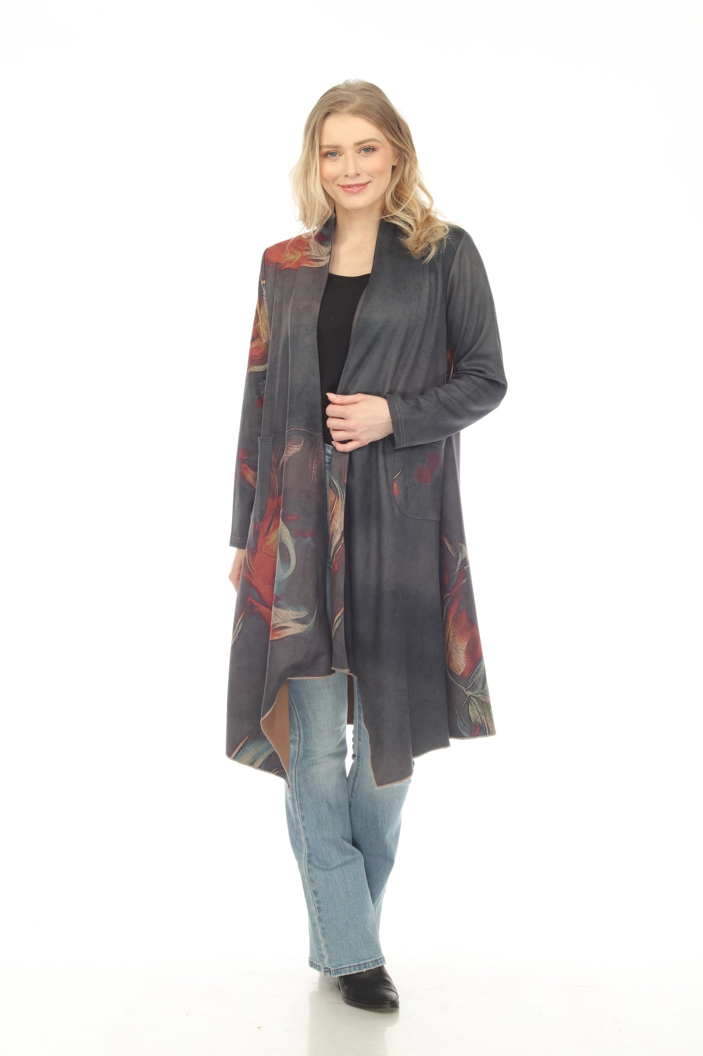 Women's Charcoal Floral Open Front Cardigan