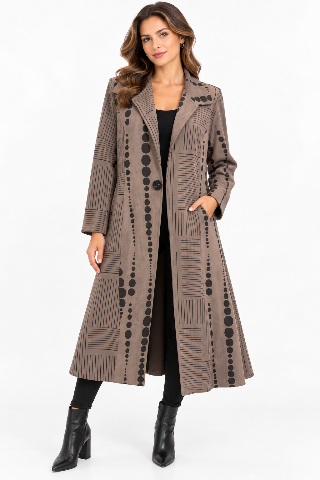 Women's Suede grey and black polka line long Jacket