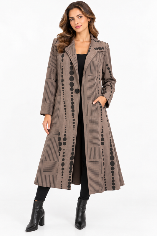 Women's Suede grey and black polka line long Jacket
