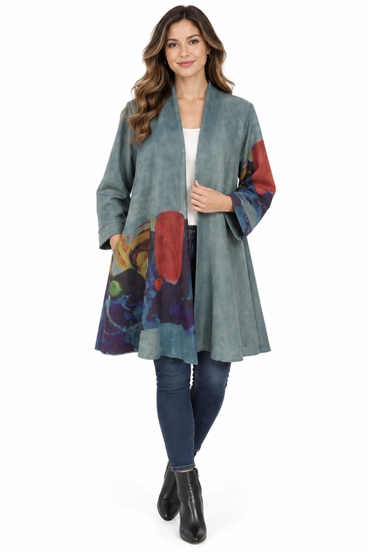 Women's Suede teal multi open front cardigan Jacket