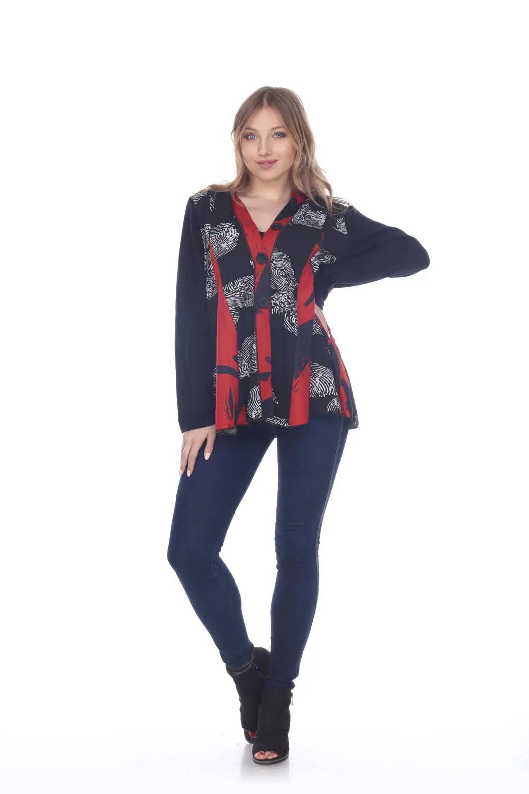 Women's Patterned Open Front Cardigan with Collared Neckline