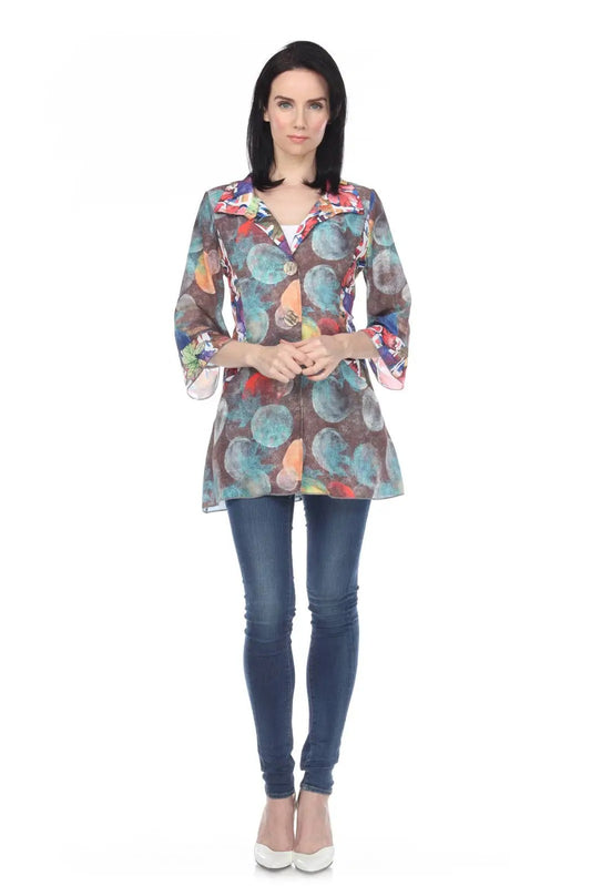 Women's Colorful Floral Print Tunic with Three-Quarter Bell Sleeves