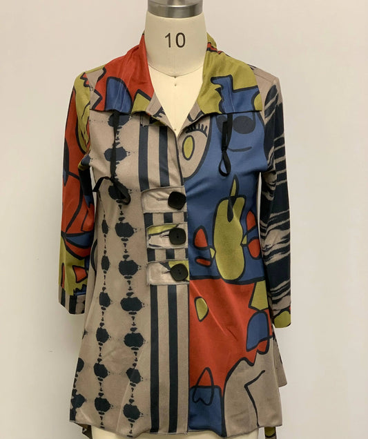 Women's Colorblock Abstract Print Shirt Dress with Collar