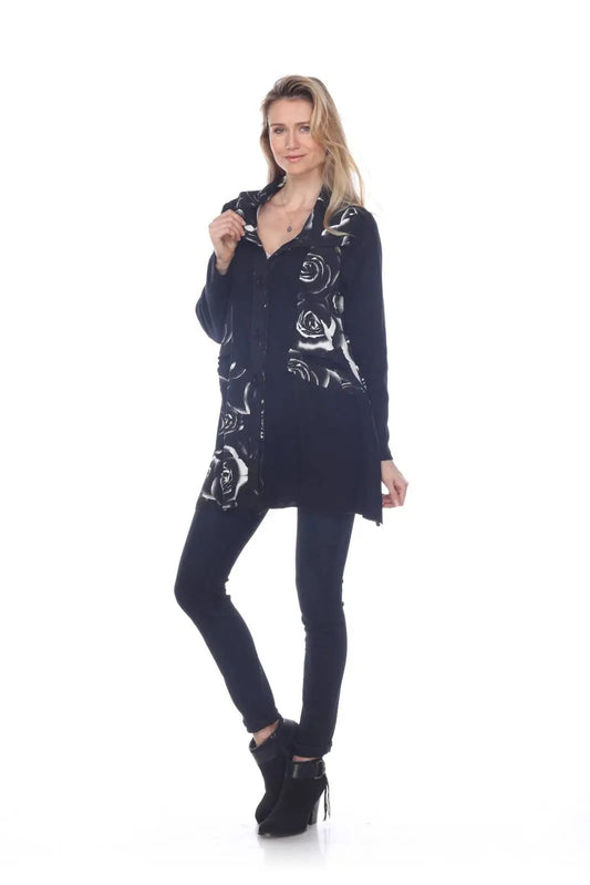 Women's Black Rose Print Open Front Cardigan with Collar