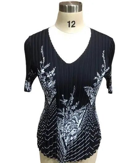 Women's Black Pinstriped Sequin Embellished Short Sleeve Blouse